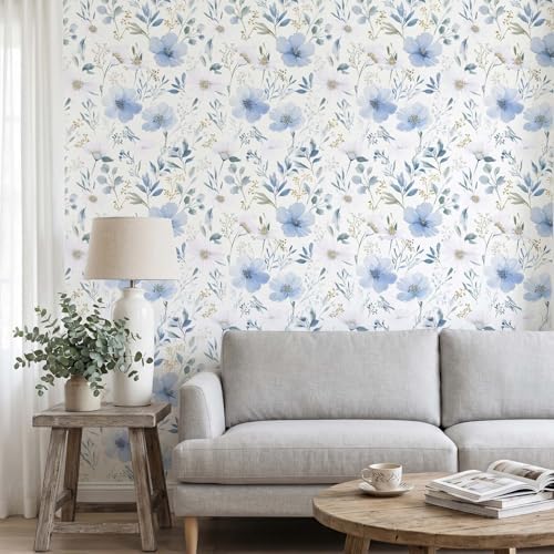 Light Blue Floral Peel and Stick Wallpaper, 17.7in x 393.7in - Image 2