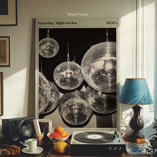 70s Disco Ball Wall Art 20x30in Wooden Framed Vintage Black and White Newspaper - Image 3