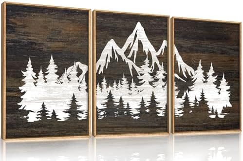 LHIUEM Large Mountain Tree Framed Canvas Wall Art Set, Modern White Forest Art by LHIUEM