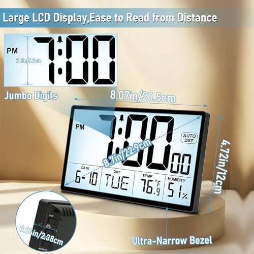 Adjustable Backlight 9'' Narrow Bezel Digital Wall Clock, Wall Mount/Desktop - Image 5