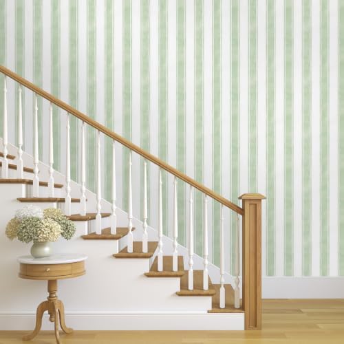 17.3" x 1200" Watercolor Green Striped Peel and Stick Wallpaper - Image 4