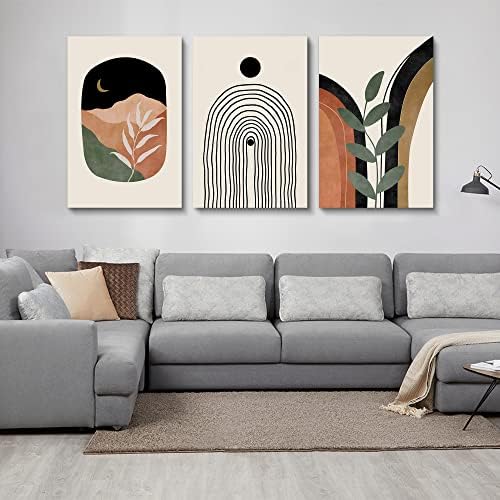 Boho Wall Art Set of 3, Mid Century Modern Canvas Wall Painting, Neutral - Image 2