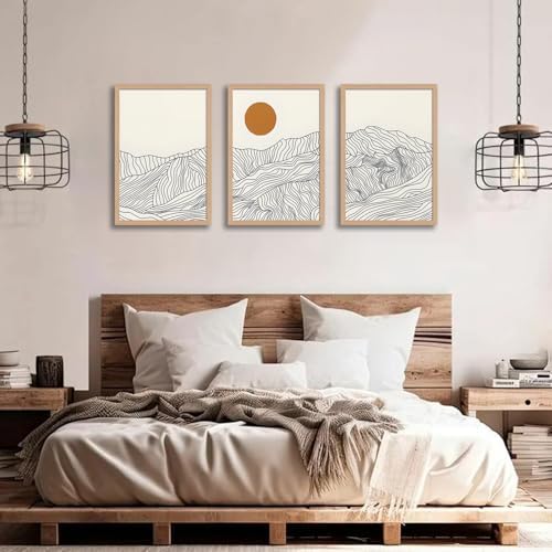 Abstract Wave Line Mountain Framed Canvas Wall Art, Boho Sun Wall Decor - Image 5