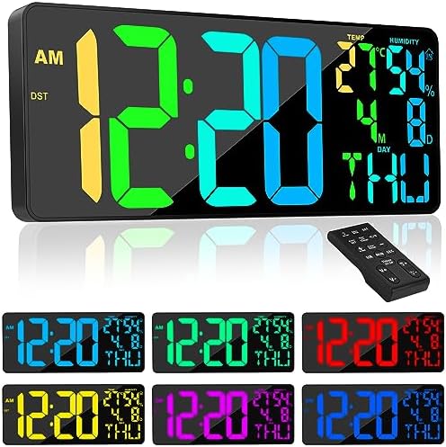 18" Large RGB Digital Wall Clock 11 Color, Remote Auto Dimming Alarm by Xflyee