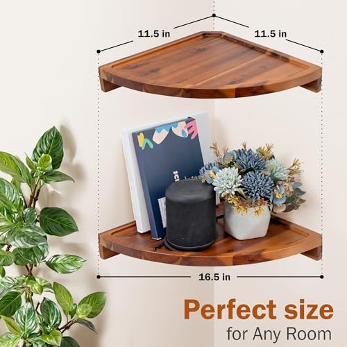 Demigo Round Floating Corner Shelves, Natural Acacia Wall Shelf - Image 3