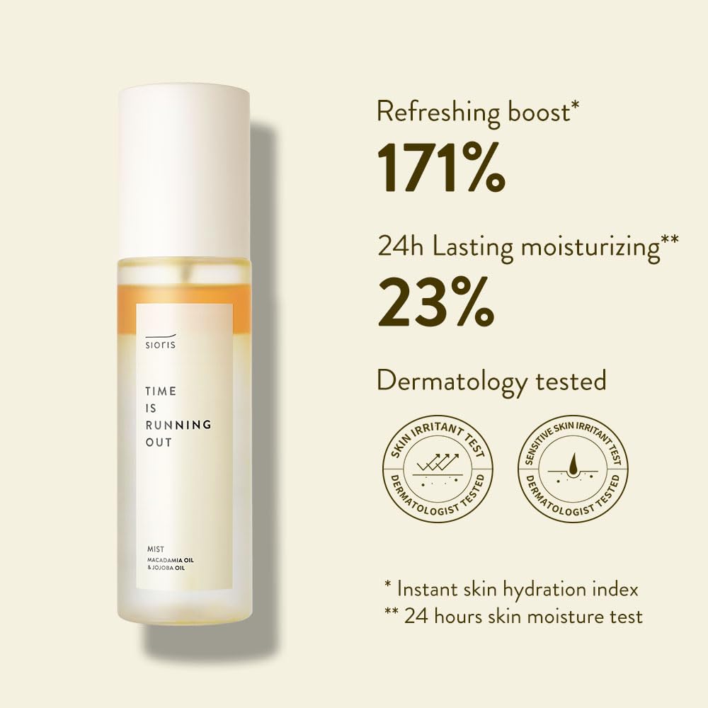 SIORIS Time Is Running Out mist 30ml (organic, vegan), glass skin face mist for Sensitive Skin, jojoba oil for moisture lock, enriched citrus water rejuvenates glass veil finish