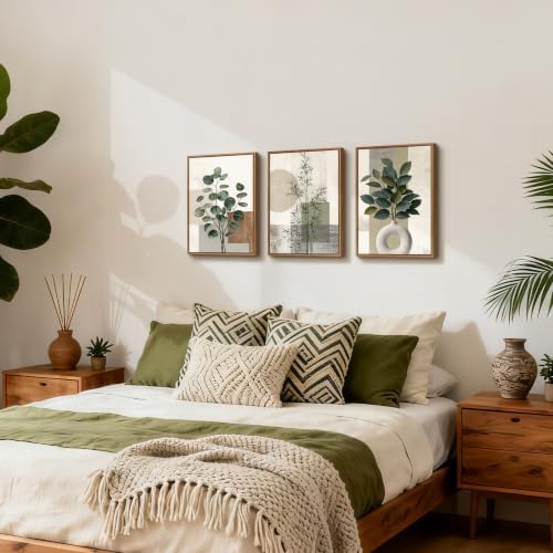 3 Pcs Framed Sage Green Boho Botanical Neutral Abstract Canvas Wall Art - Image 5