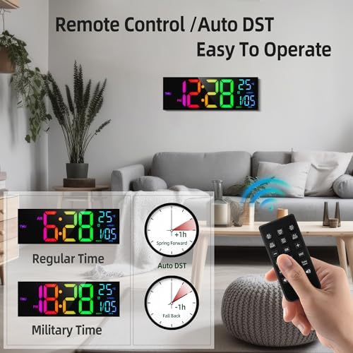 HAITANG 16.2" Black Digital Wall Clock, 8 Colors, Remote & Night Light - Image 3