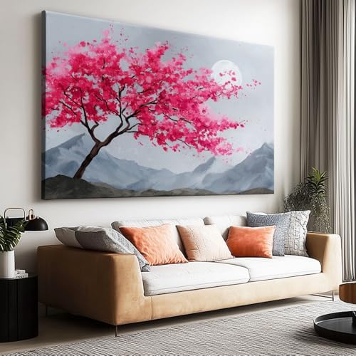 Canvas Wall Art Watercolor Japanese Sakura Tree Mountains, Waterproof Modern by Unknown