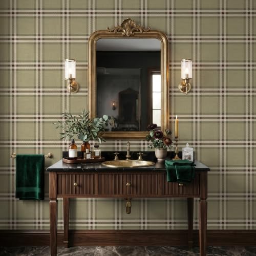 Olive Green Brown Plaid Peel and Stick Wallpaper Tartan Check Pattern by RollsRolla