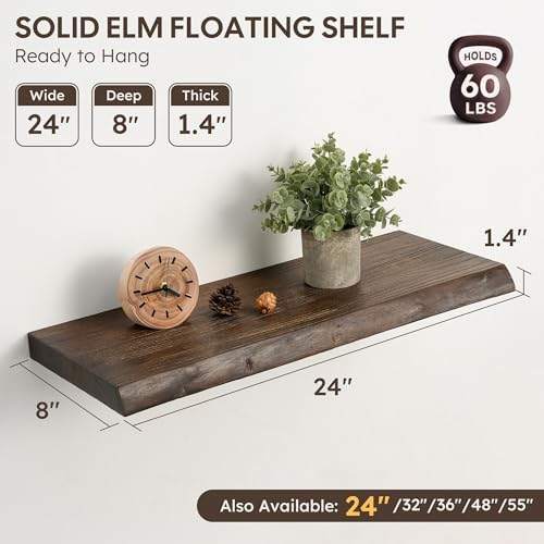 24" Live Edge Floating Shelves, Solid Elm Wood Shelf - Image 3