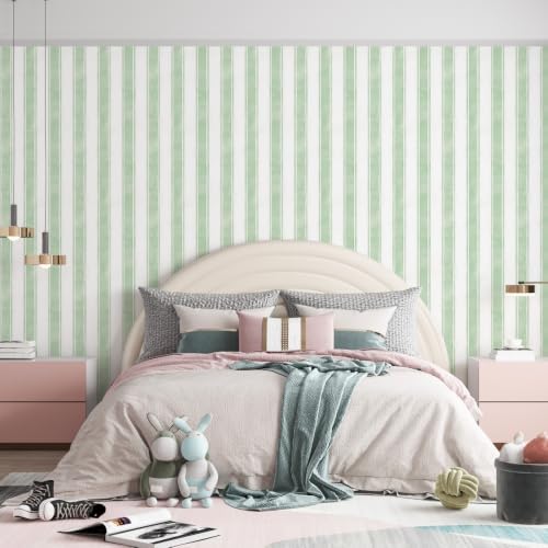 17.3" x 120" Watercolor Green Striped Peel and Stick Wallpaper - Image 7