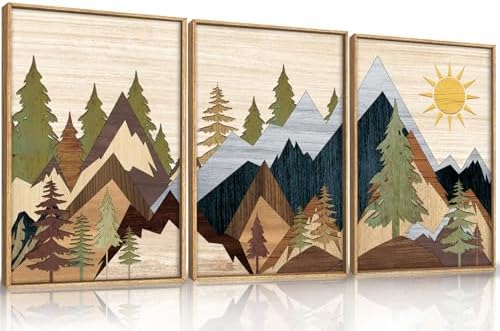 Ausri Boho Mountain Pine Tree Framed Canvas Wall Art Set -16"x24"x3 - Image 5