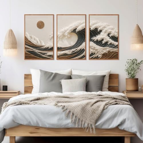 HLNIUC Great Wave Sunset Framed Canvas Wall Art, Abstract Sun Seascape Art - Image 5