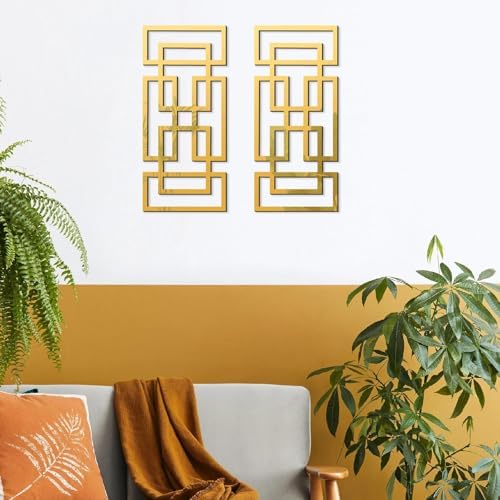 2 Piece Gold Rectangular Wall Mirrors, 15.7×7 Inch Geometric Wooden Frame - Image 3