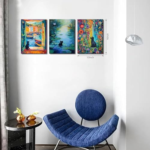 MUWAK Framed Funny Monet Black Cat Canvas Wall Art – Whimsical Matisse Cat - Image 3