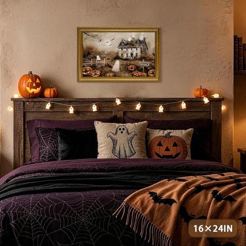 AVECCO Halloween Haunted House Ghost Wall Art Canvas Framed 16x24 inch - Image 2