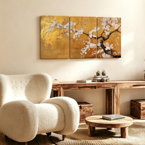 3 Pcs Japanese Golden Plum Blossom Flower Canvas Wall Art 16x24 Inches - Image 6