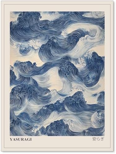 rumlud Japanese Blue Waves Wall Art Vintage Oriental Japandi Wabi Sabi Poster by rumlud