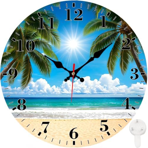12" Silent Wall Clock, Round Wall Clock, Tropical Beach Palm Trees by Unknown