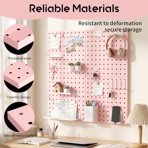 Magnetic Metal Pegboard Wall Organizer Kit, 4 Pack 10 x 10 in Panels Pink - Image 4