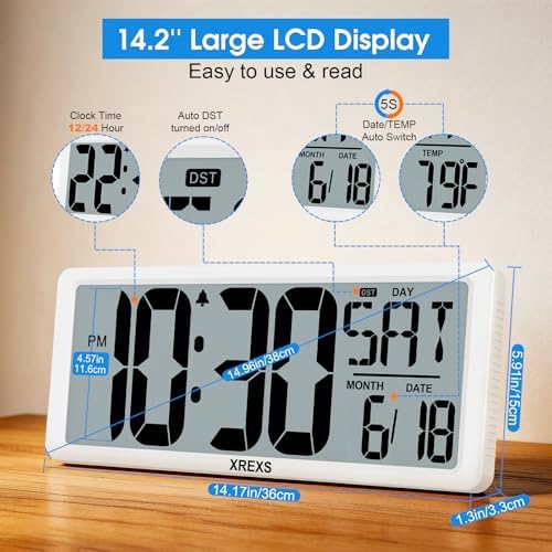 XREXS 14.17" Large Digital Wall Clock, Battery Operated Clock - Image 2