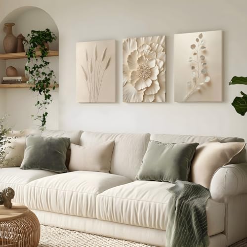 Hianan Wrapped Canvas Neutral Beige Botanical Wall Art Set of 3, 12x16 in - Image 2