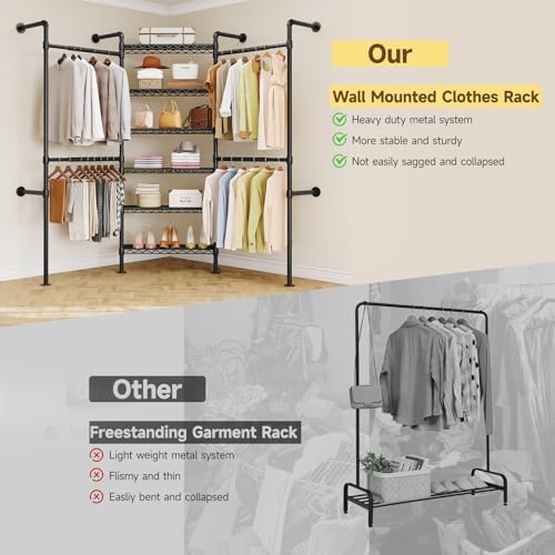 ONBRILL L3 Wall Mounted Metal Pipe Closet System Heavy Duty Garment Rack - Image 6