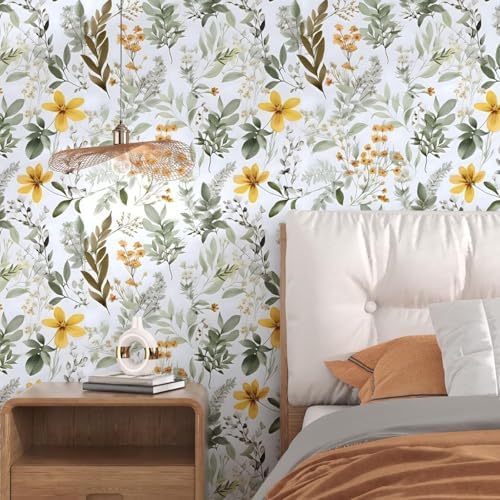 Laatse Vintage Green Yellow Wild Floral Botanical Wallpaper 17.5"x393" - Image 4