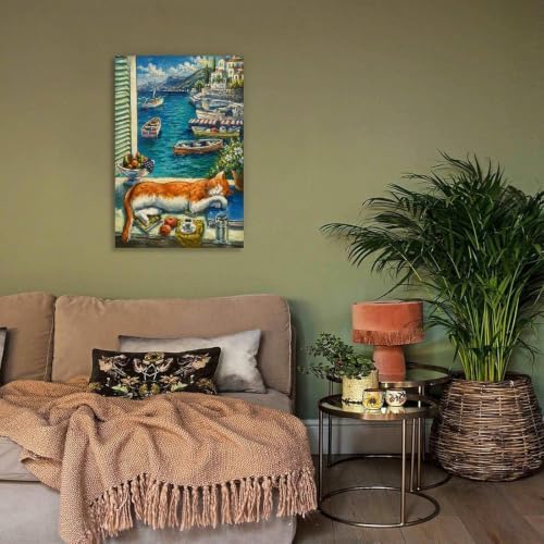 Coastal Cat Poster Mediterranean Seaside View Canvas Wall Art - Image 4