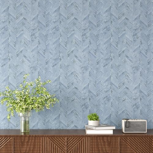 VaryPaper 24"x160" Light Blue Herringbone Grasscloth Peel and Stick Wallpaper - Image 3