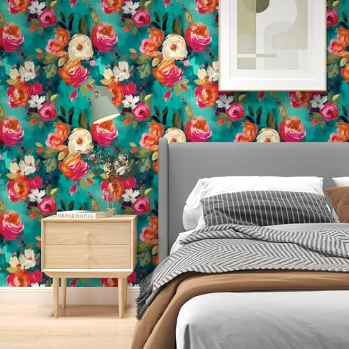 BOKEBEVE Floral Wallpaper Peel and Stick Boho Teal Blue 17.5 x 78.5In - Image 6