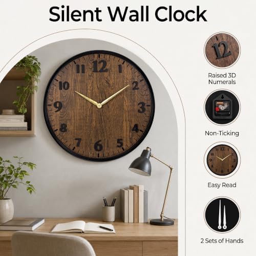 Wall Clock Farmhouse Vintage 24 Inch Silent Non-Ticking Battery Operated - Image 3