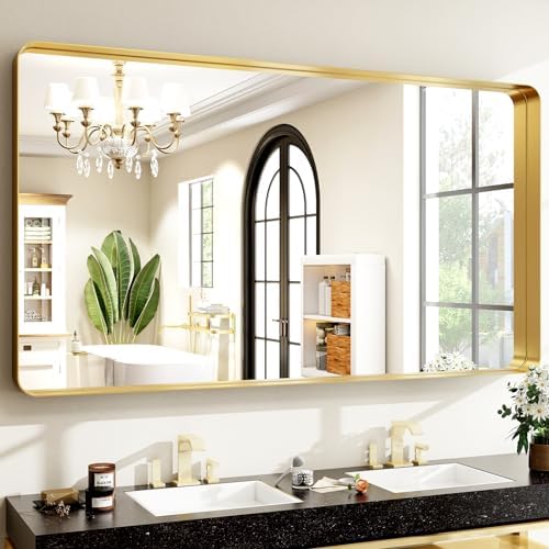 Easly 48 x 30 Inch Gold Bathroom Mirror, Rectangular Wall Mounted Shatterproof by EASLY