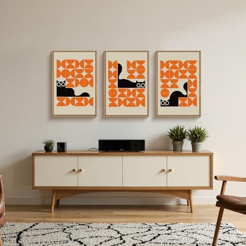 HOURIA Mid Century Geometric Black Cat Framed Canvas Wall Art Set, Abstract - Image 3