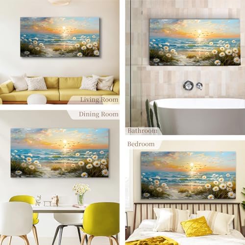 SERIMINO Sunset Landscape Wall Art, Coastal Floral Canvas Painting 20"X40" - Image 3