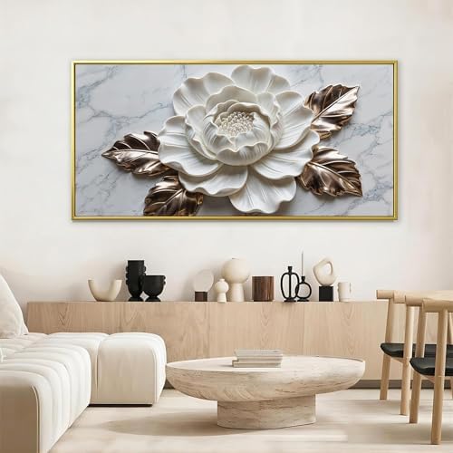 Suconvng Gold Framed Wall Art Living Room Home Wall Decor Modern White Flower - Image 5