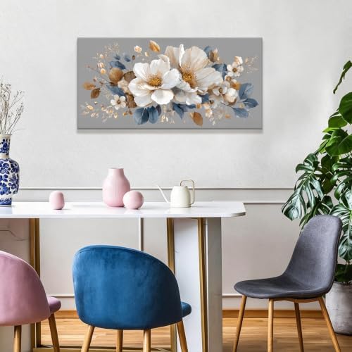 White Flower Gold Leaf Flower Canvas Wall Art Decor - Image 2