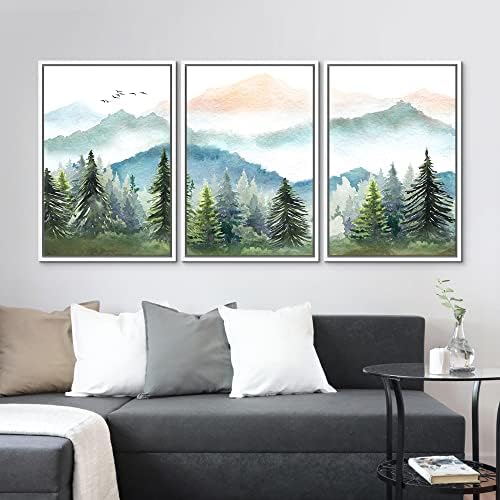 MUDECOR Framed Canvas Print Wall Art Set Watercolor Pastel Mountain Range Pine - Image 3