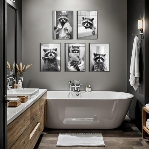 Bathroom Raccoon Decor Wall Art Funny Toilet Animal Canvas Pictures Black And - Image 3