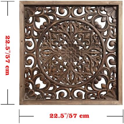 XIAOAIKA Boho Carved Wood Wall Art Panel, Floral Mandala, Distressed Brown - Image 2