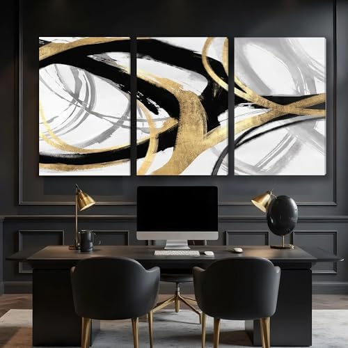 DUWQU Triptych Black Gold White abstract Lines Canvas Wall Art 24x36 in x3 - Image 5