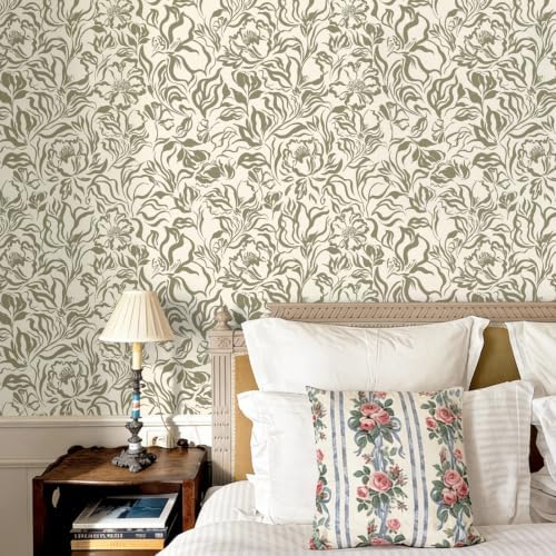 Ismoon Vintage Floral Wallpaper Peel and Stick Beige and Green Contact Paper - Image 2