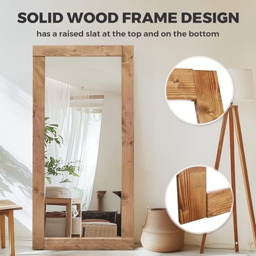 71x32in Full Length Mirror, Solid Wood Convex Frame, Light Brown - Image 4