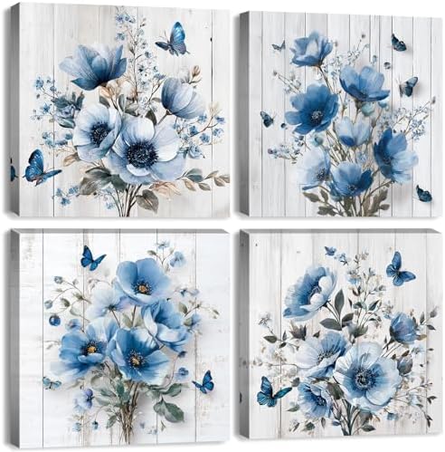 Vintage Flower Wall Art for Bathroom Rustic Floral Paintings Pictures Butterfly by BLBORLINART