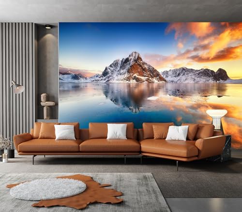 Stunning Snowy Mountain Lake Sun Reflection Wallpaper Peel Stick by Cliouar