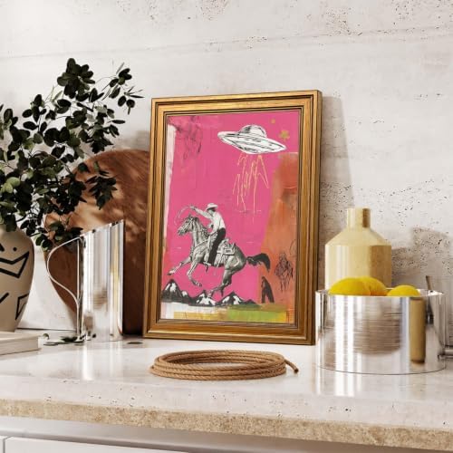 Vintage Gold Framed Western Wall Art, Retro Cowboy UFO Abduction Pictures Wall - Image 6