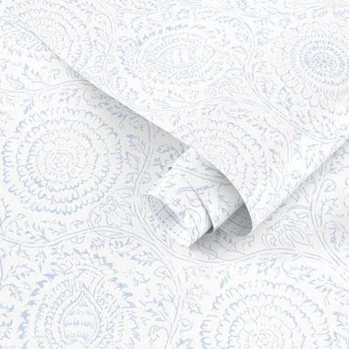 Ismoon Blue Wallpaper Peel and Stick Boho Floral Contact Paper 17.3x393in by Ismoon