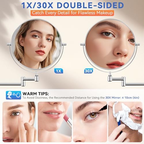 Auxmir 8" Double-Sided Wall-Mounted Makeup Mirror, 1X/30X Magnifying Mirror - Image 2