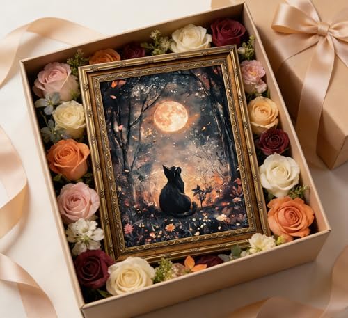 Vintage Gold Framed Black Cat Canvas Wall Art Dark Academia Gothic Full Moon - Image 6